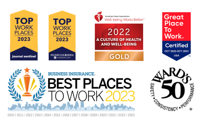 Award logos for Top Work Places, American Heart Association Gold, Great Place to Work Certified, Business Insurance Best Places to Work, Ward's 50.