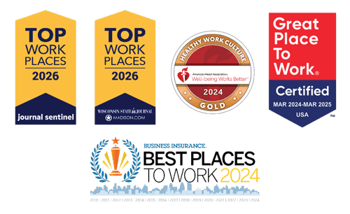 Top workplaces 2026 logos, Healthy Work Culture 2024 Gold Award logo, Great Place To Work 2025 logo, Business Insurance Best Places to Work 2024 logo