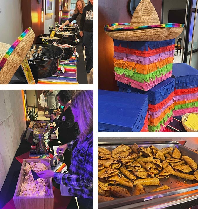 Display of Cinco De Mayo drinks and tacos for associates to pick from.