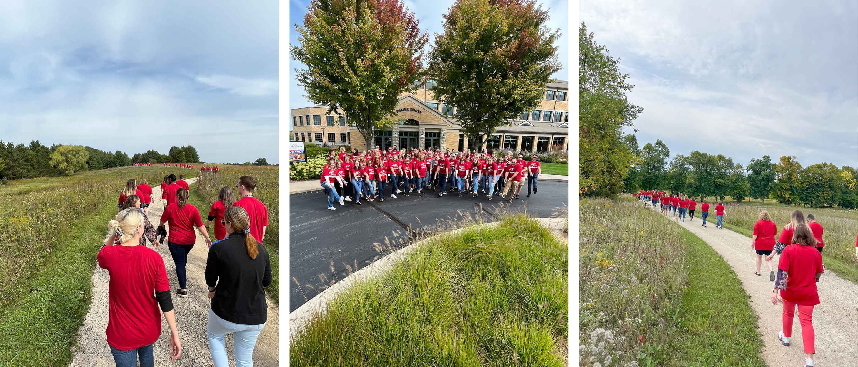 West Bend associates walk through prairie.