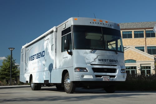 West Bend's Responder mobile office vehicle sits parked outside the West Bend office.