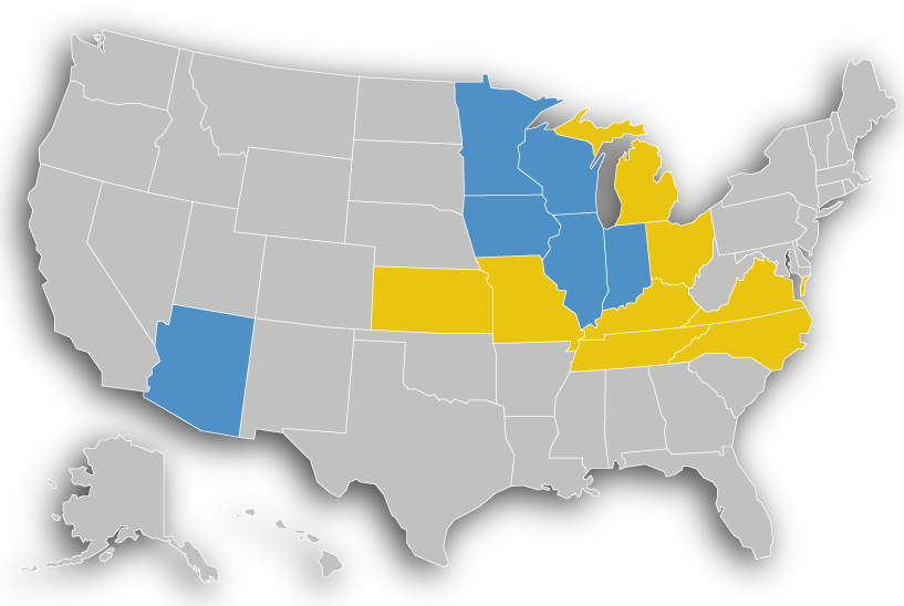 Map showing the states West Bend Insurance provides coverage in.