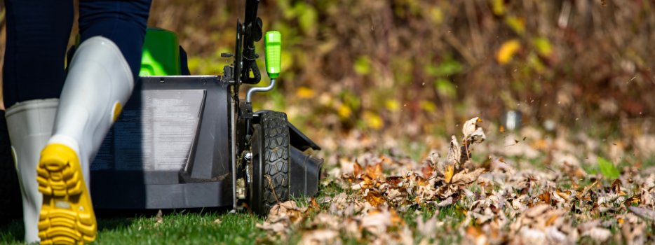 A woman mowing leaves on her lawn